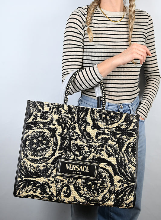 Versace Shopper Athena in rafia beige e nera - lesleyluxuryvintage