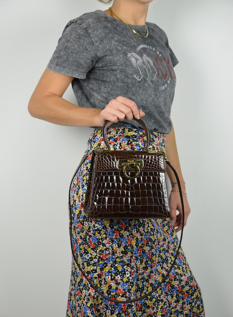 Ferragamo Iconic bag in brown croco leather