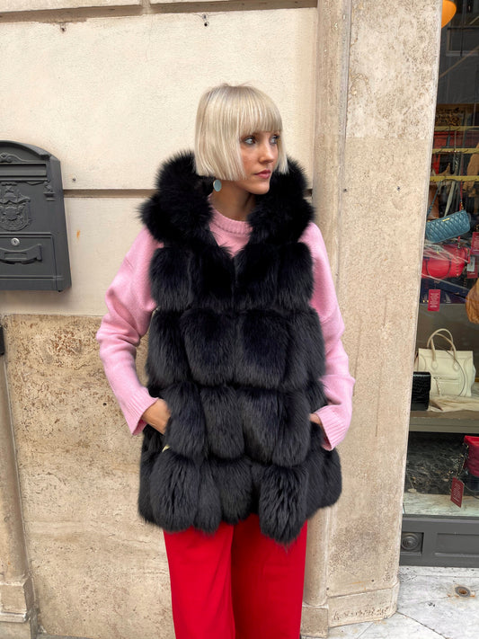 Pelliccia di volpe nera con cappuccio - Tg. 44