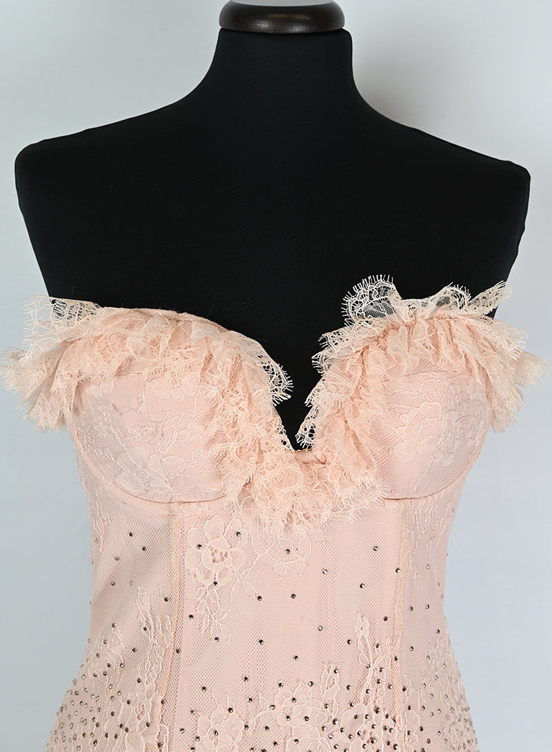 Blumarine Abito corto rosa con strass e coprispalle - Tg. 40