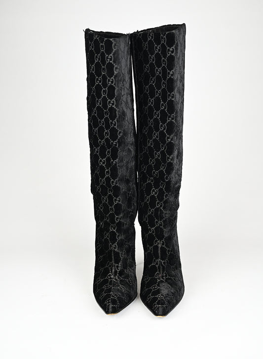 Gucci Stivali Alti Velluto Nero GG - N. 37 ½