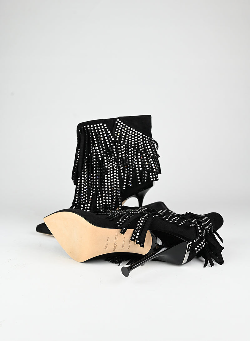 Sergio Rossi Stivaletti in suede neri con frange - N. 37