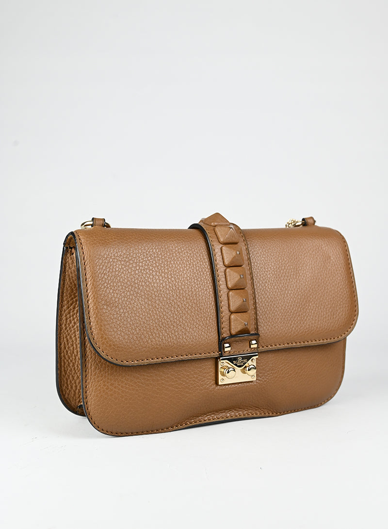 Valentino Borsa Rockstud Glam Lock in pelle marrone