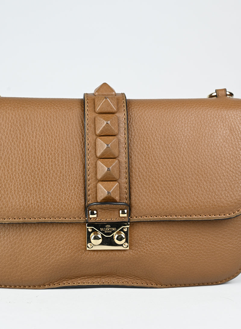 Valentino Borsa Rockstud Glam Lock in pelle marrone
