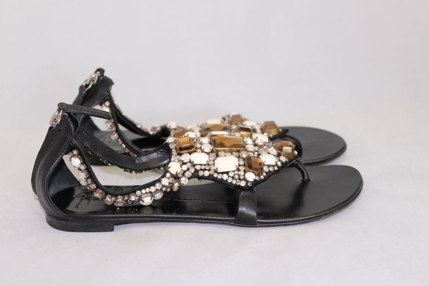 Zanotti Sandali infradito flat neri con applicazione strass - N. 37 - lesleyluxuryvintage