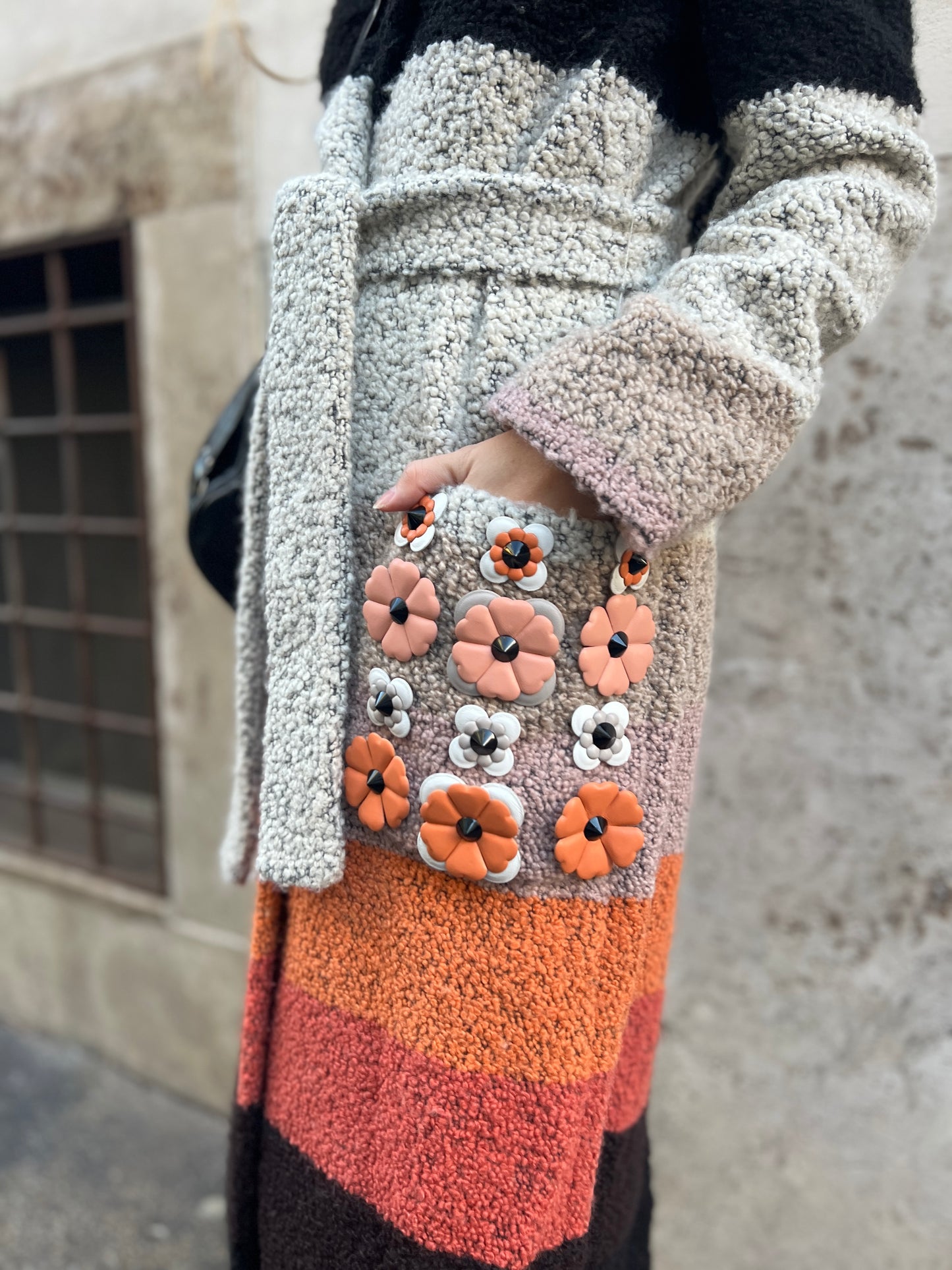 Fendi black orange bouclé coat