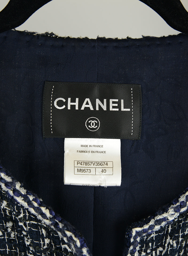 Chanel Giacca bianca e blu tessuto bouclé - Tg. 44