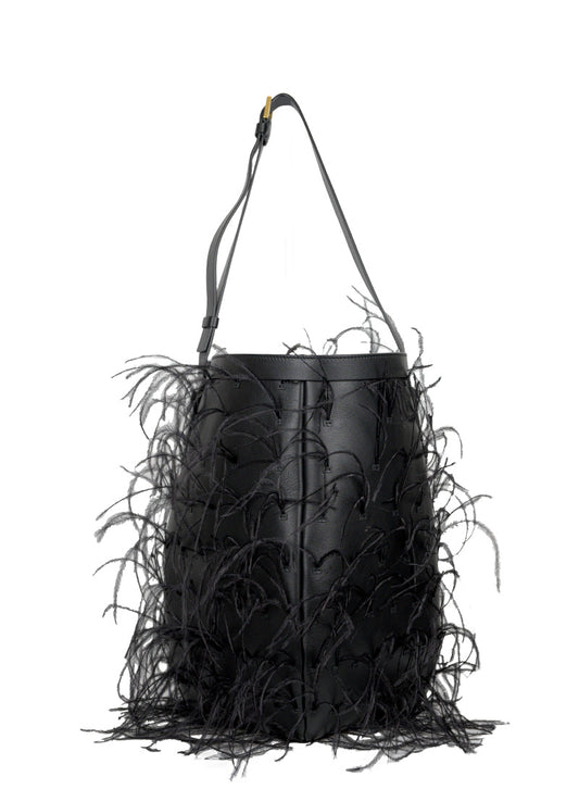 Valentino Black leather bucket bag with feathers