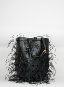 Valentino Black leather bucket bag with feathers