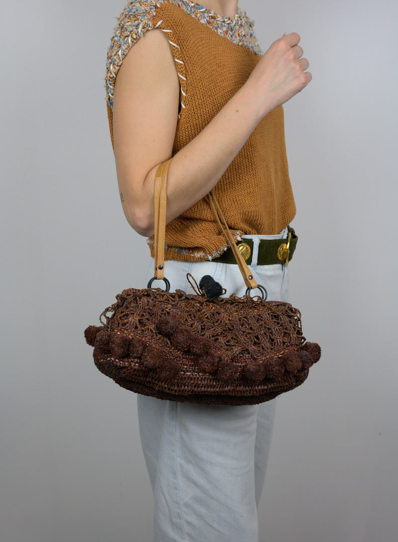 Jamin Puech Brown straw bag with pom pom