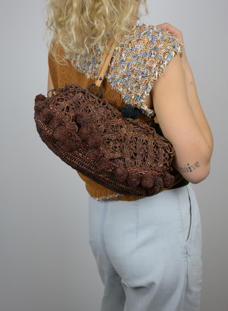 Jamin Puech Brown straw bag with pom pom