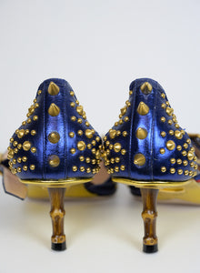Gucci Décolléte in pelle blu con borchie oro - N. 38 ½