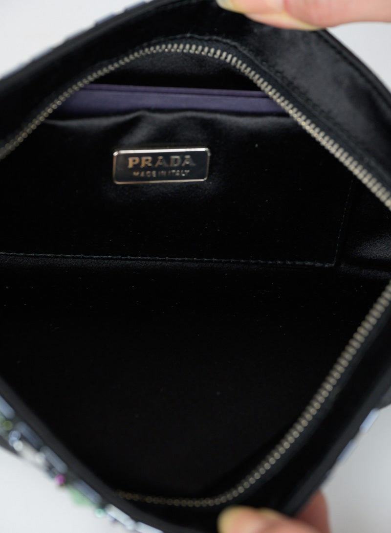 Prada Clutch bag in black satin with stones