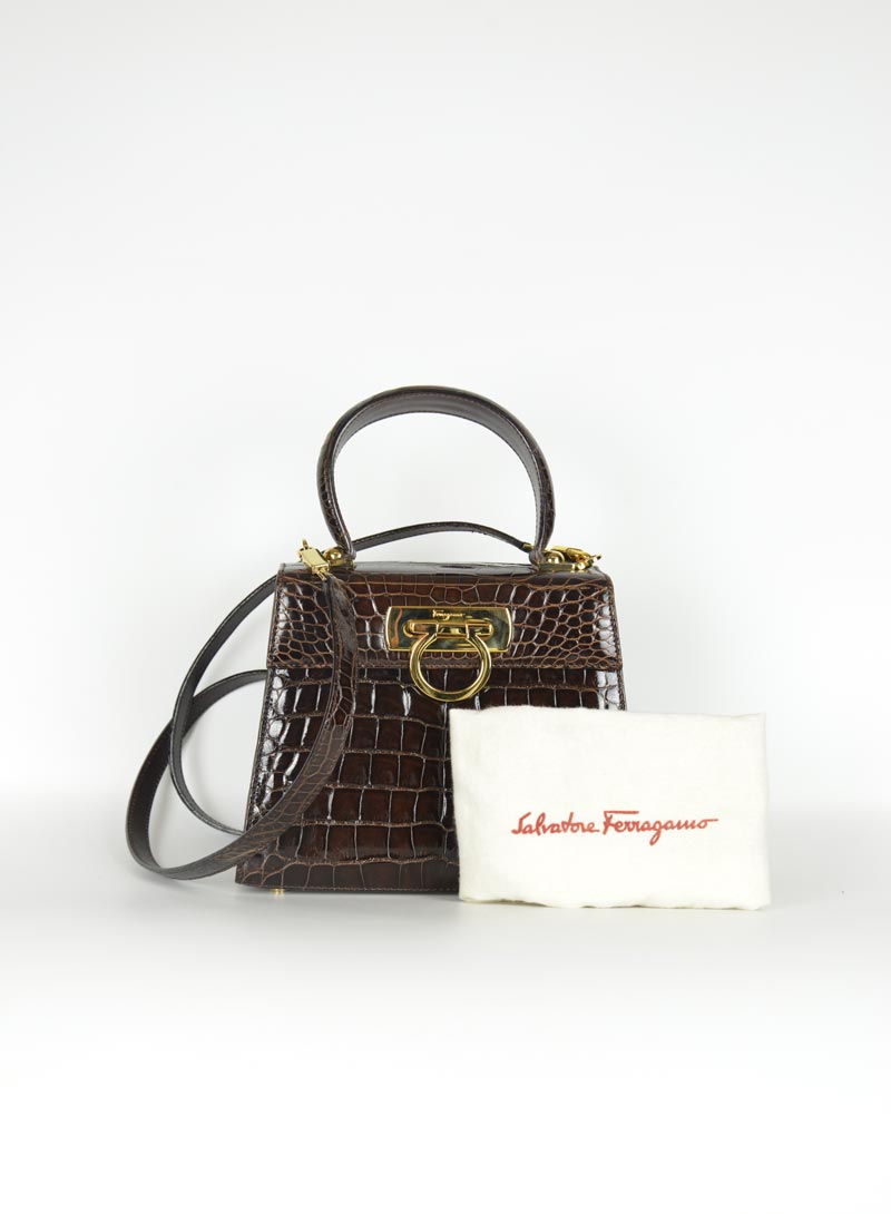 Ferragamo Borsa Iconic in pelle cocco marrone