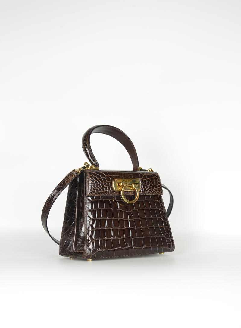 Ferragamo Borsa Iconic in pelle cocco marrone