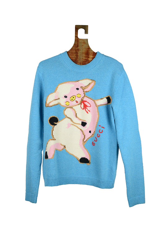 Gucci Light blue wool sweater with piglet - Size. S