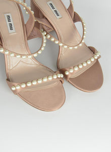 Miu Miu sandali in raso rosa cipria con perle - N. 39