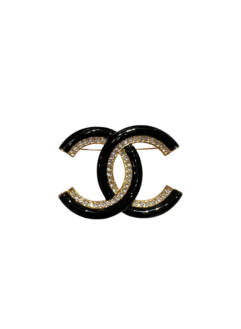 Chanel Spilla logo CC nera con brillantini