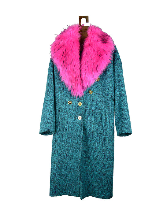 Versace Cappotto turchese con collo ecofur fucsia - Tg. 38