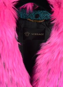 Versace Turquoise coat with fuchsia ecofur collar - Size. 38