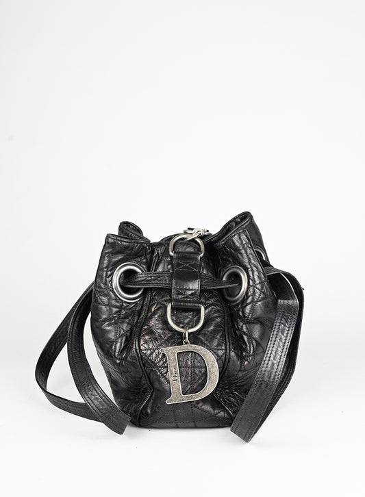 Dior Borsa a secchiello Drawstring in pelle nera