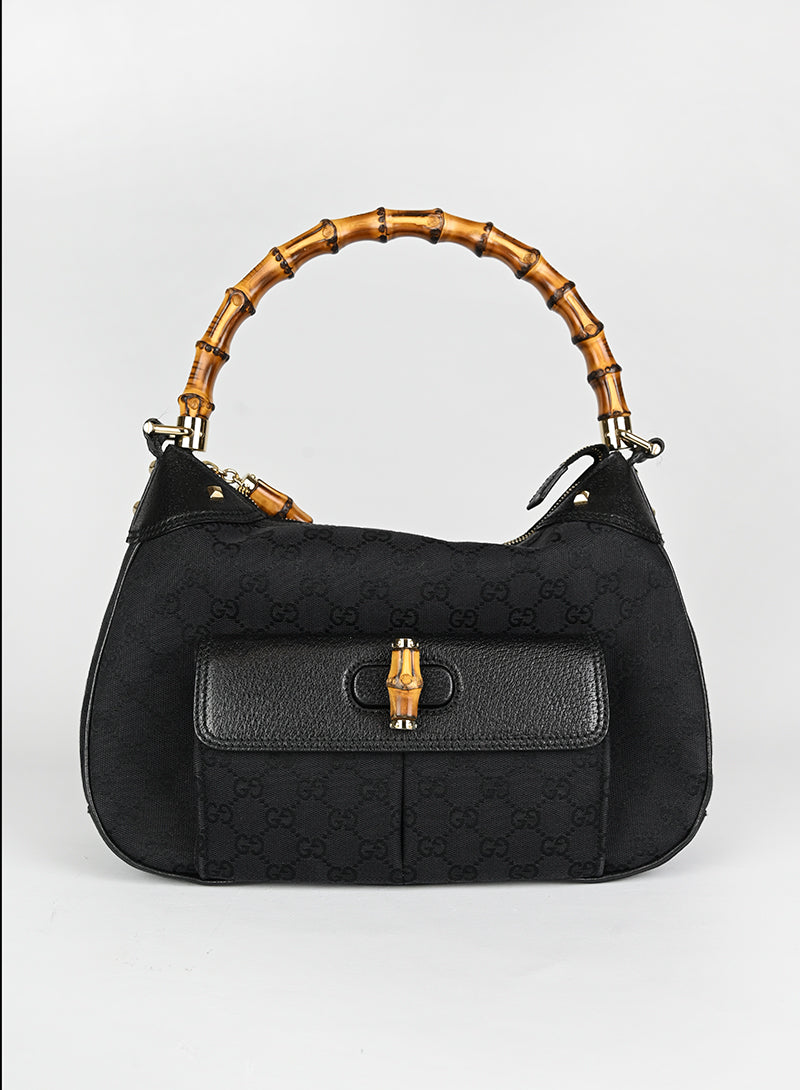 Gucci Borsa Bamboo in tessuto Monogram nero