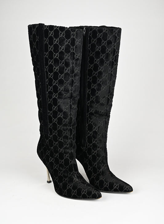 Gucci Stivali Alti Velluto Nero GG - N. 37 ½