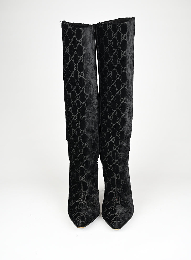 Gucci Stivali Alti Velluto Nero GG - N. 37 ½