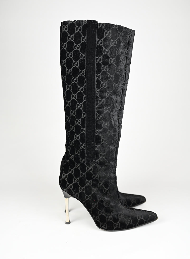 Gucci Stivali Alti Velluto Nero GG - N. 37 ½
