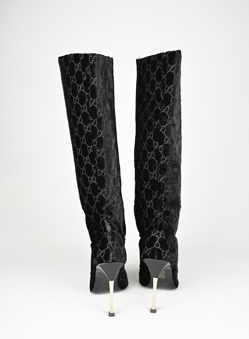 Gucci Stivali Alti Velluto Nero GG - N. 37 ½