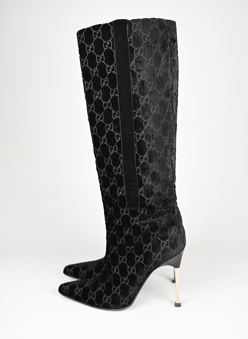 Gucci Stivali Alti Velluto Nero GG - N. 37 ½
