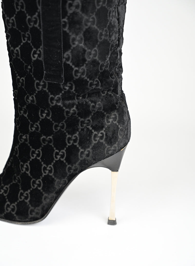 Gucci Stivali Alti Velluto Nero GG - N. 37 ½