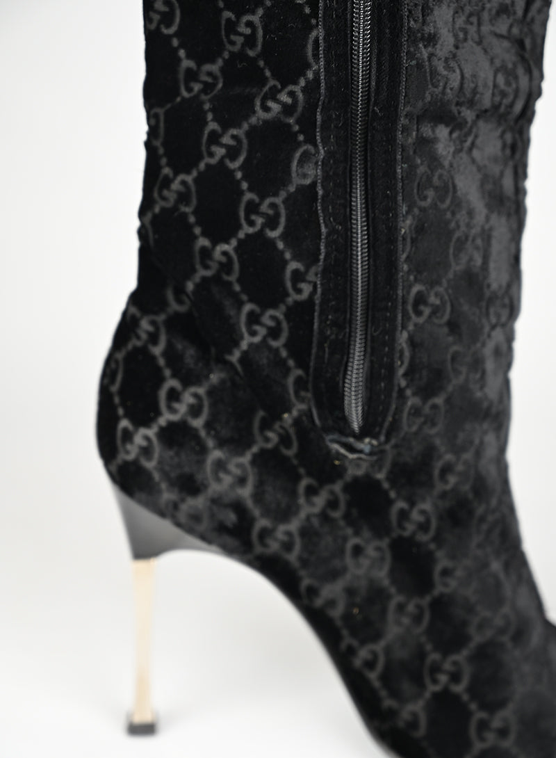 Gucci Stivali Alti Velluto Nero GG - N. 37 ½