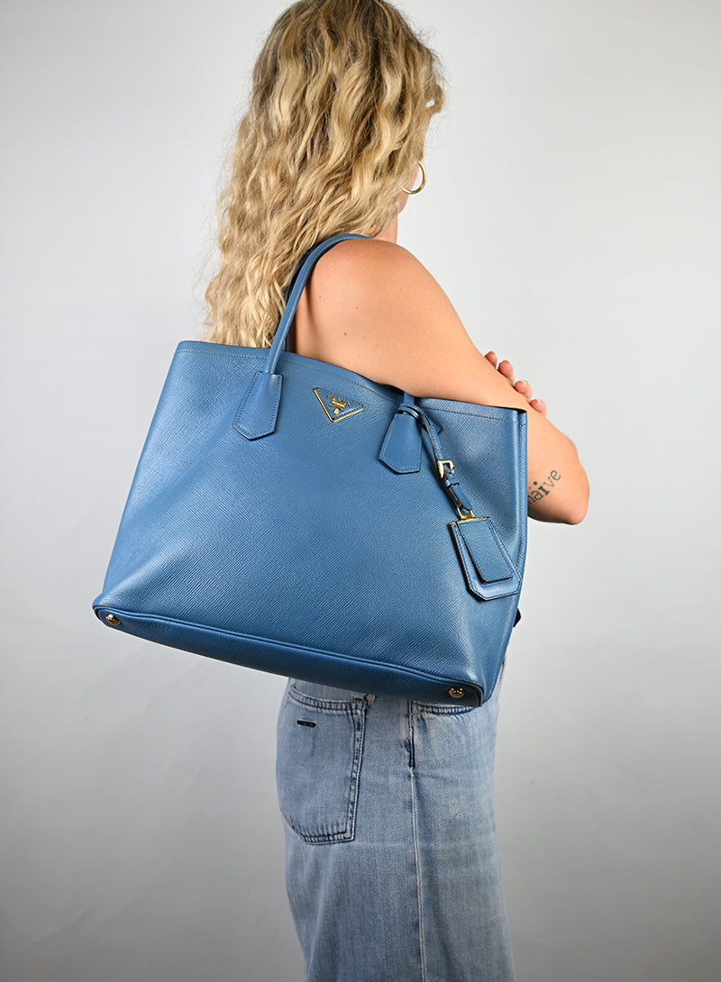 Prada Double Tote Bag in pelle Avio