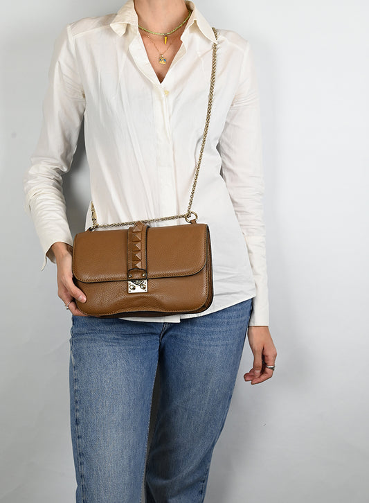 Valentino Borsa Rockstud Glam Lock in pelle marrone