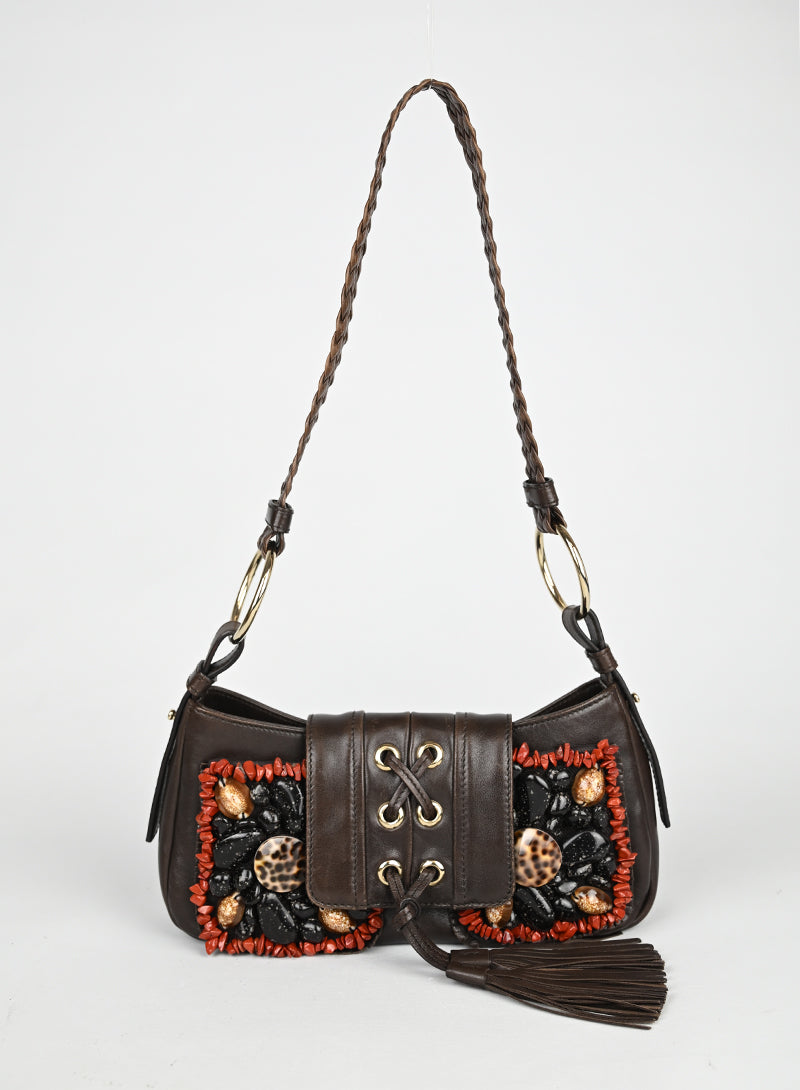 Saint Laurent Borsa in pelle marrone con ricami