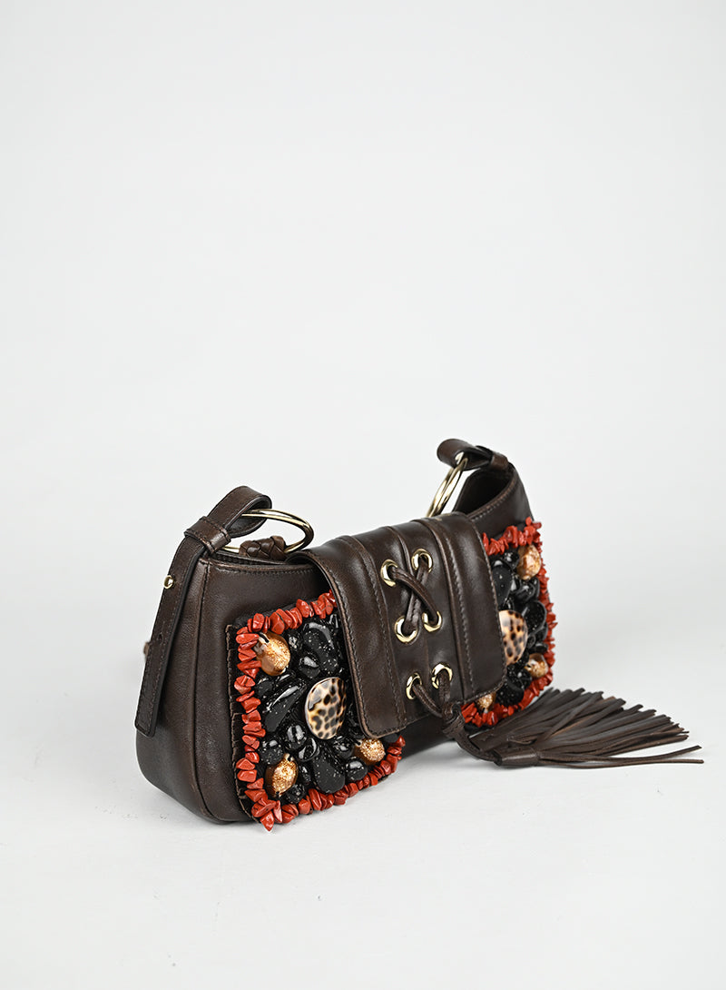 Saint Laurent Borsa in pelle marrone con ricami