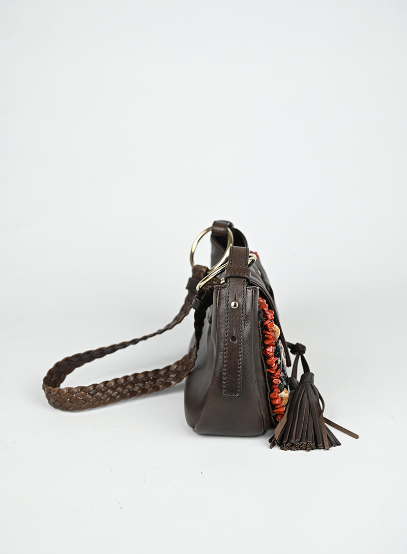 Saint Laurent Borsa in pelle marrone con ricami