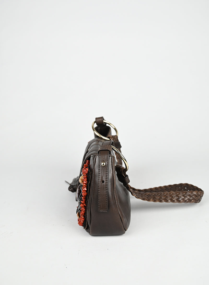 Saint Laurent Borsa in pelle marrone con ricami
