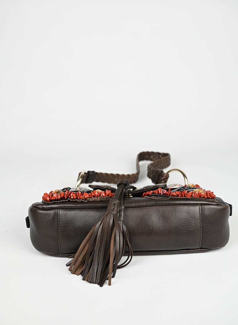 Saint Laurent Borsa in pelle marrone con ricami