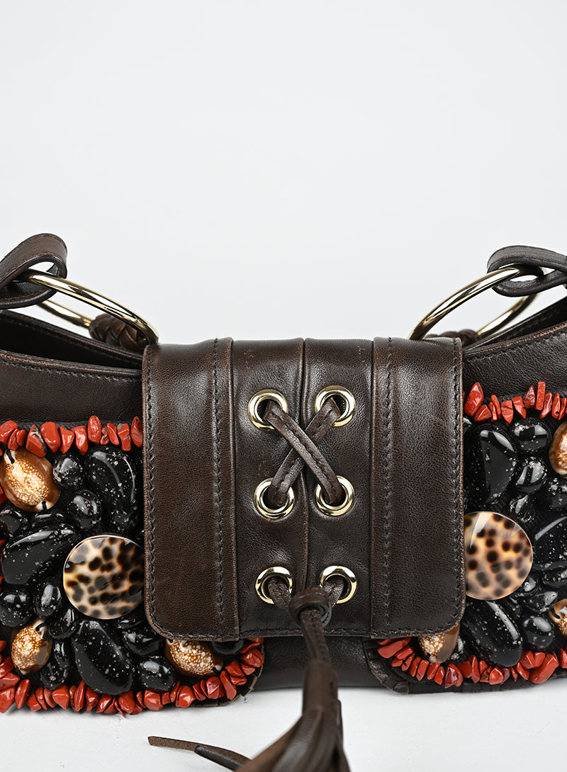 Saint Laurent Borsa in pelle marrone con ricami
