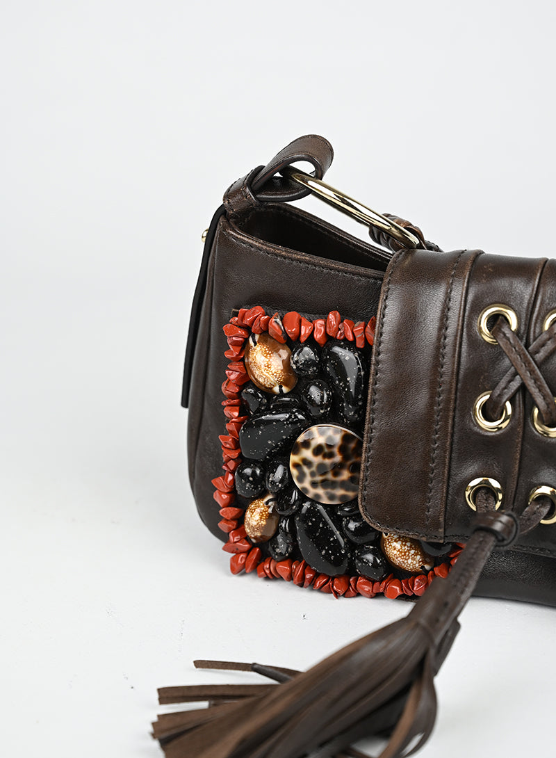 Saint Laurent Borsa in pelle marrone con ricami