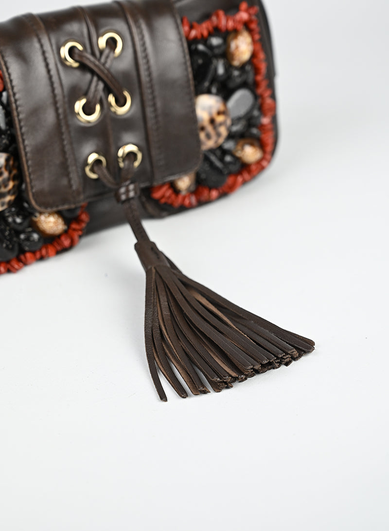 Saint Laurent Borsa in pelle marrone con ricami
