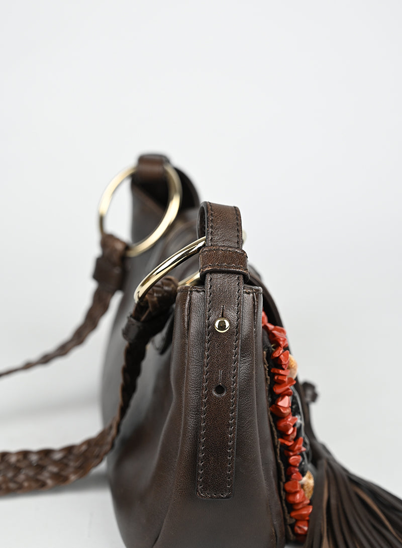 Saint Laurent Borsa in pelle marrone con ricami