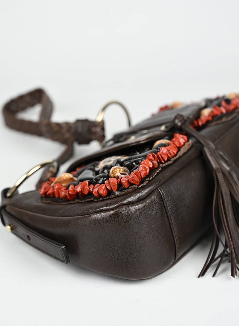 Saint Laurent Borsa in pelle marrone con ricami