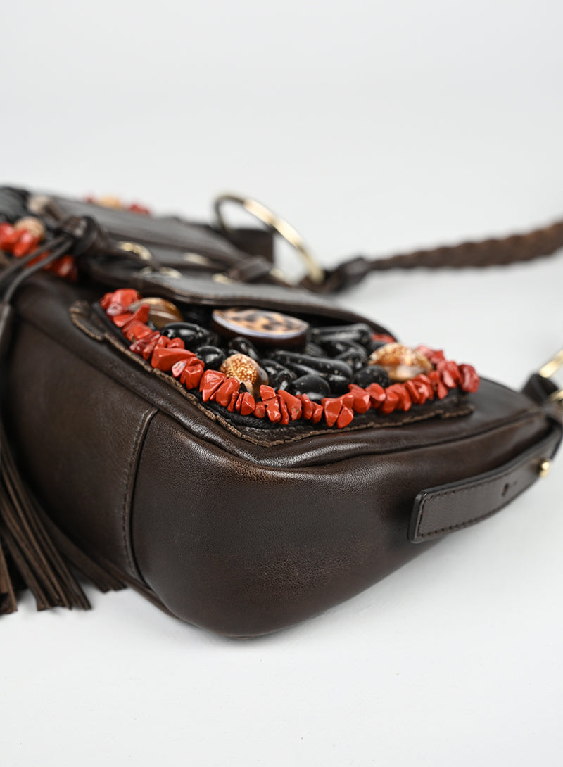 Saint Laurent Borsa in pelle marrone con ricami