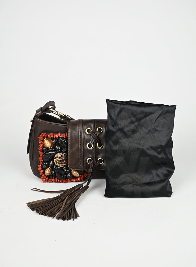 Saint Laurent Borsa in pelle marrone con ricami