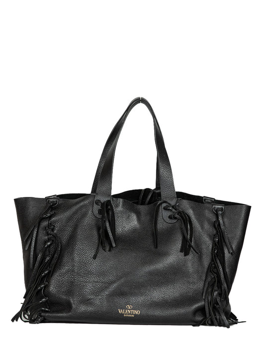 Valentino Shopper in black leather with fringes