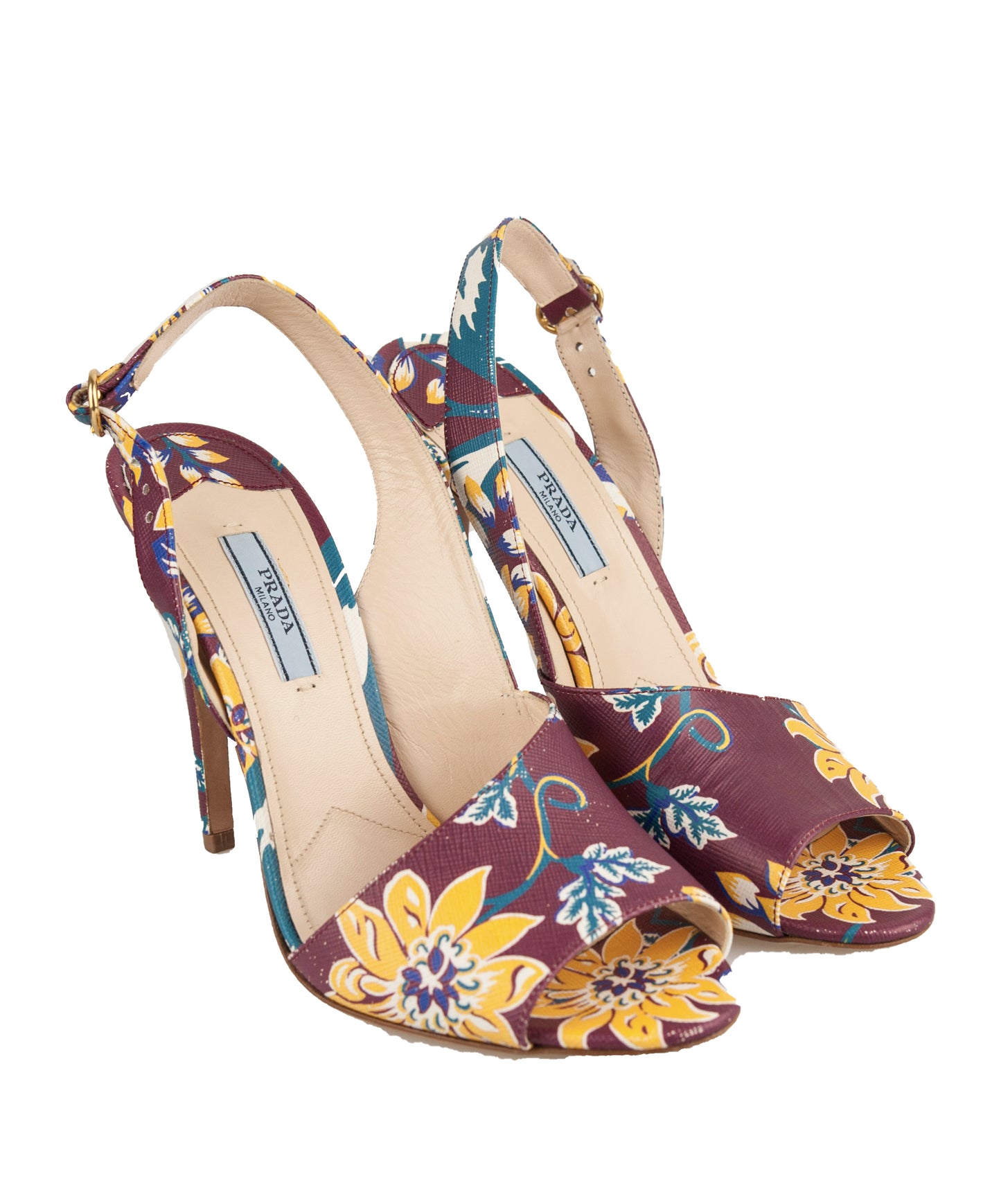 Prada Sandali in tessuto bordeaux con fantasia fiori - N. 39