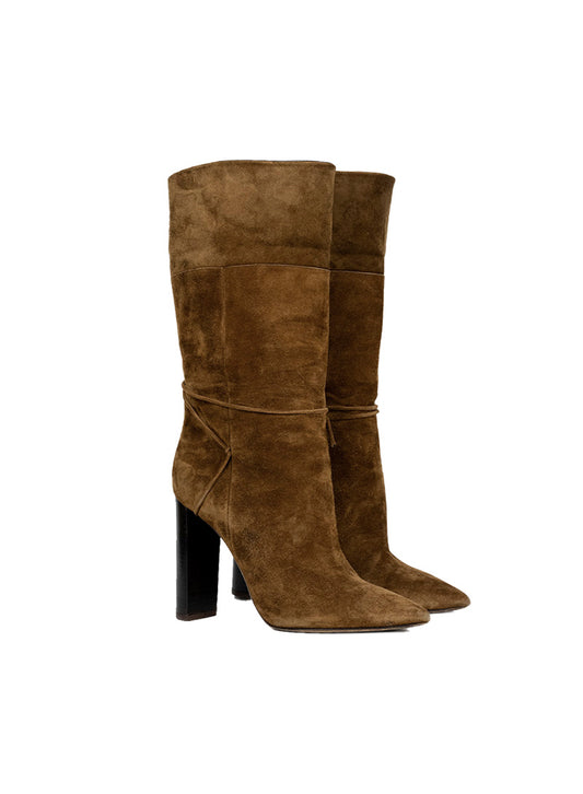 Saint Laurent Stivali in suede cognac con tacco - N. 37